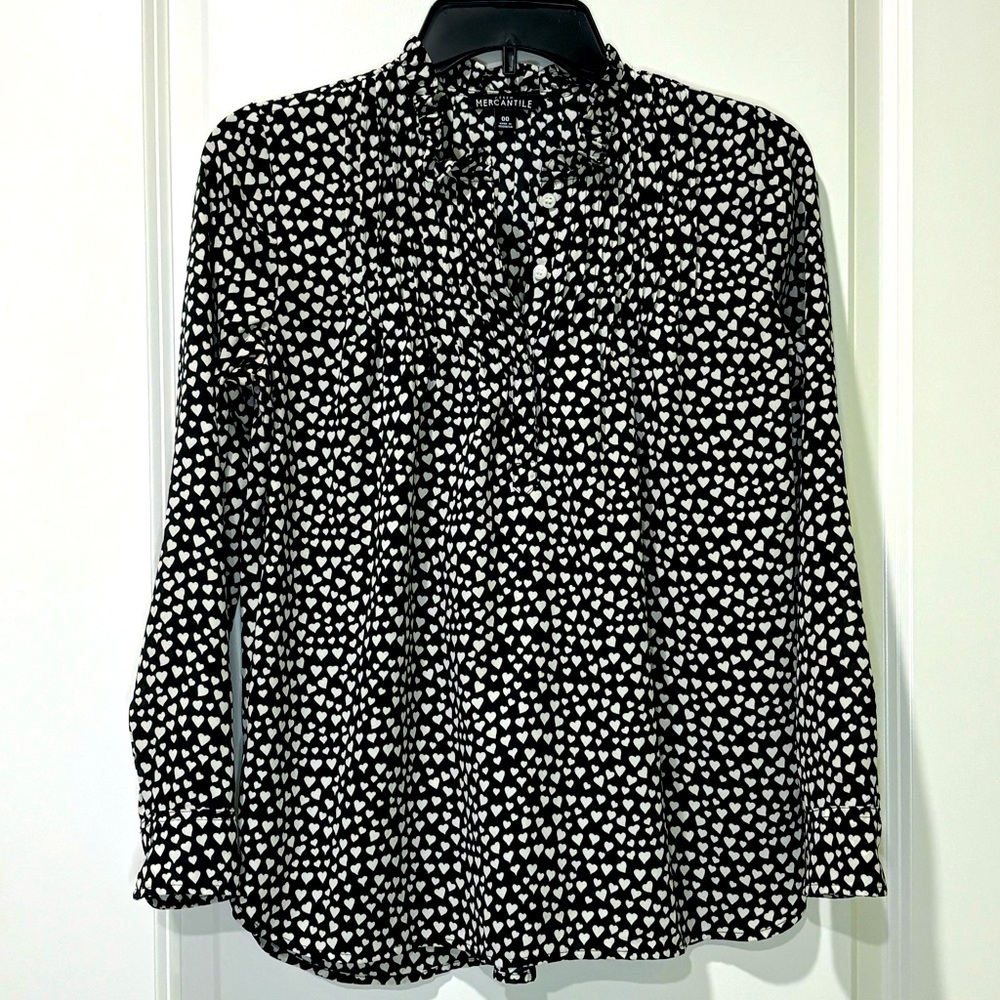 J Crew Mercantile Carrera Pintuck Black White Long Sleeved Heart Blouse …